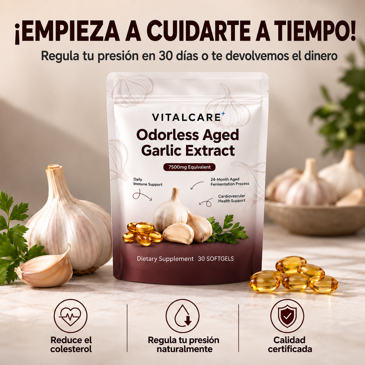 VitalCare Ajo Envejecido 24 Meses — Baja y estabiliza tu presión y colesterol naturalmente